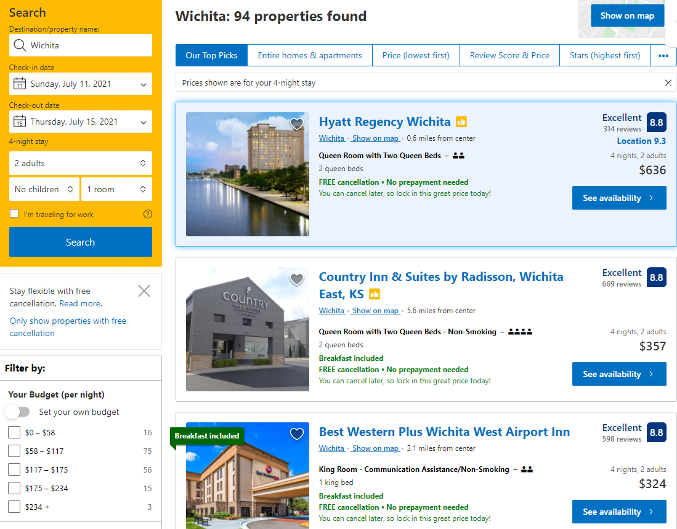 Search results page showing properties in Wichita
